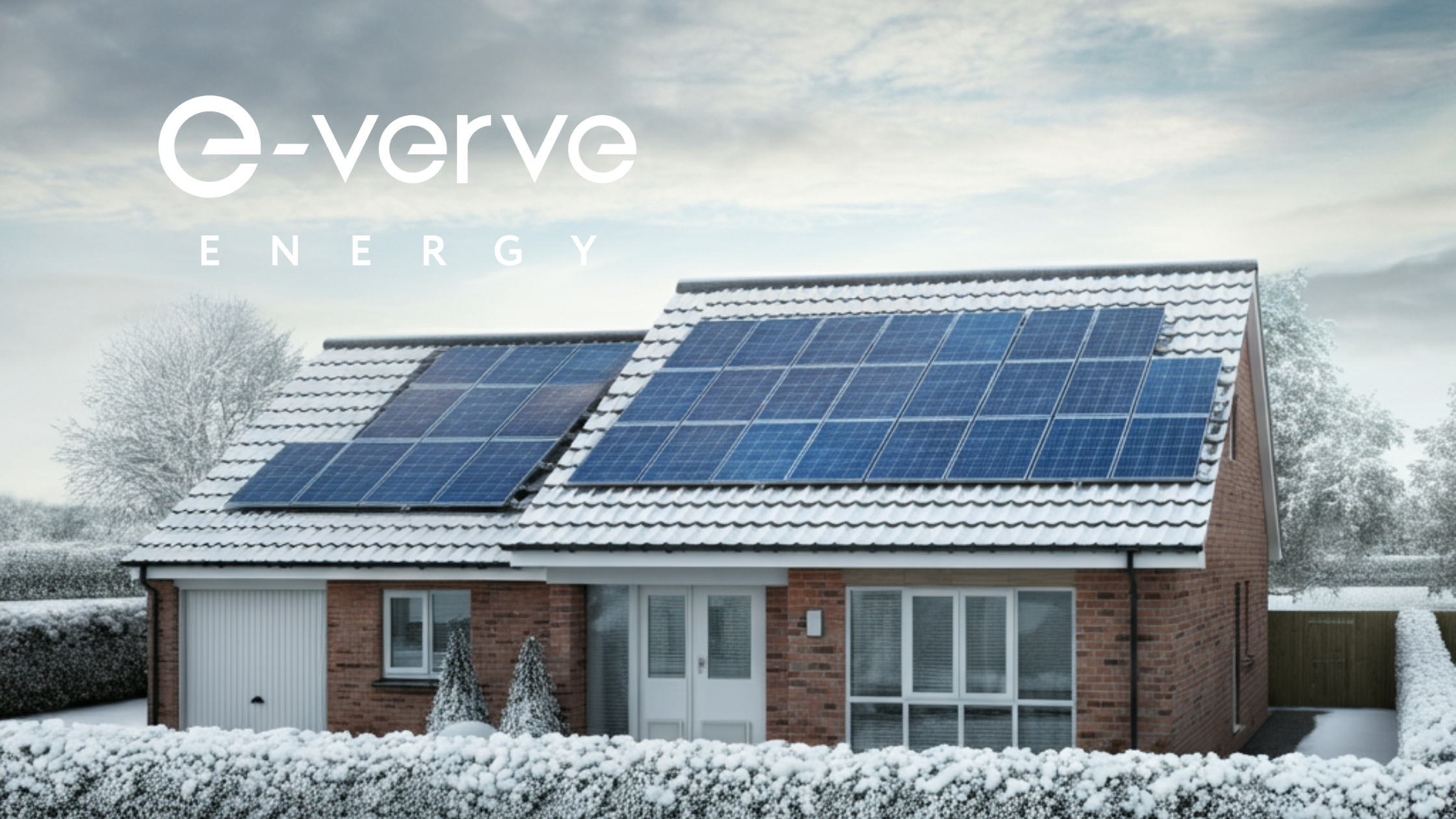 solar panels on single story home during the winter with snow visible on the roof and hedges