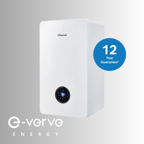 worcester bosch greenstar 8000 boiler in white fitted by E-Verve Energy on a grayscale background fading from left to right