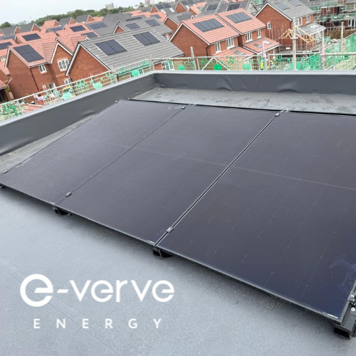 flat roof solar panels installed at an angle on a new development in Warrington in 2025 by E-Verve Energy