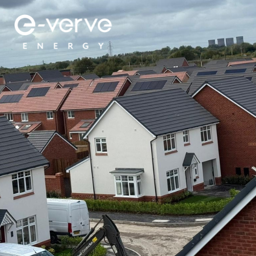 Ariel shot of in-roof solar panels installed on a new homes development in Warrington in 2025 by E-Verve Energy