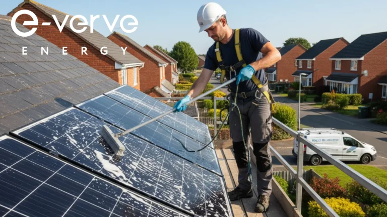 e-verve energy conducting solar panel cleaning on roof mounted solar panels