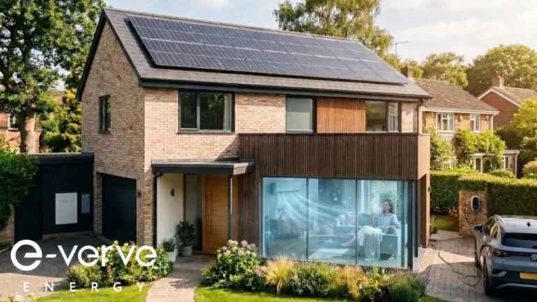 Solar powered air conditioner system in new home extension on detached house