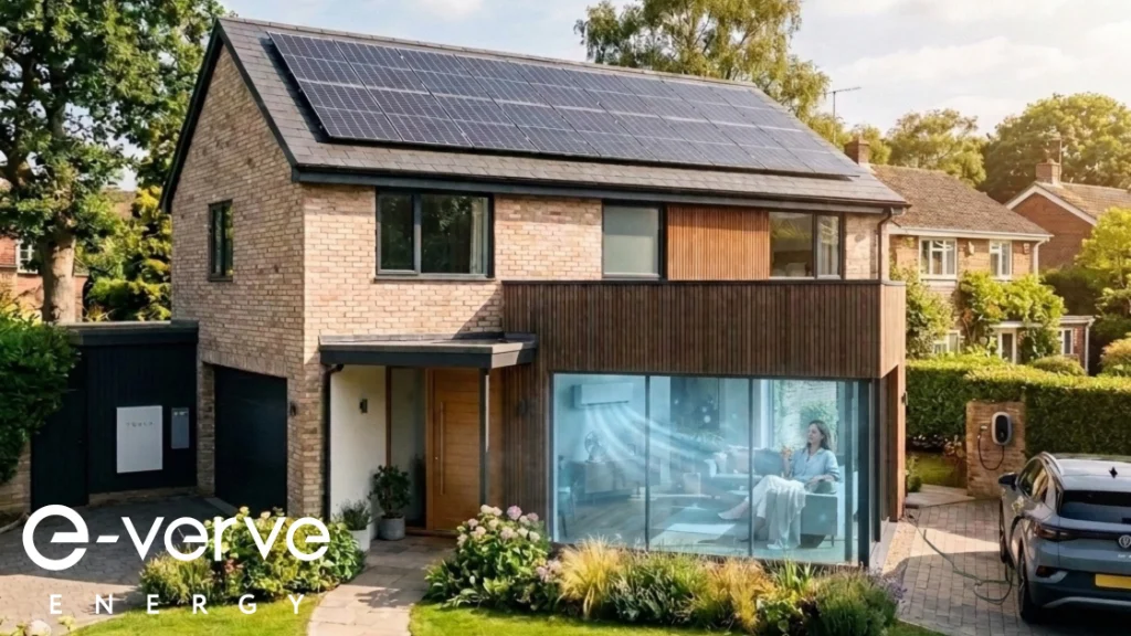 Solar powered air conditioner system in new home extension on detached house